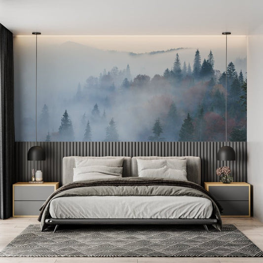 Mountain forest mural wallpaper with misty morning pine trees in modern bedroom setting