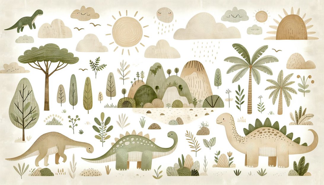 Close-up of dinosaur mural wallpaper design featuring friendly dinosaurs, mountains, and botanical elements in natural colors
