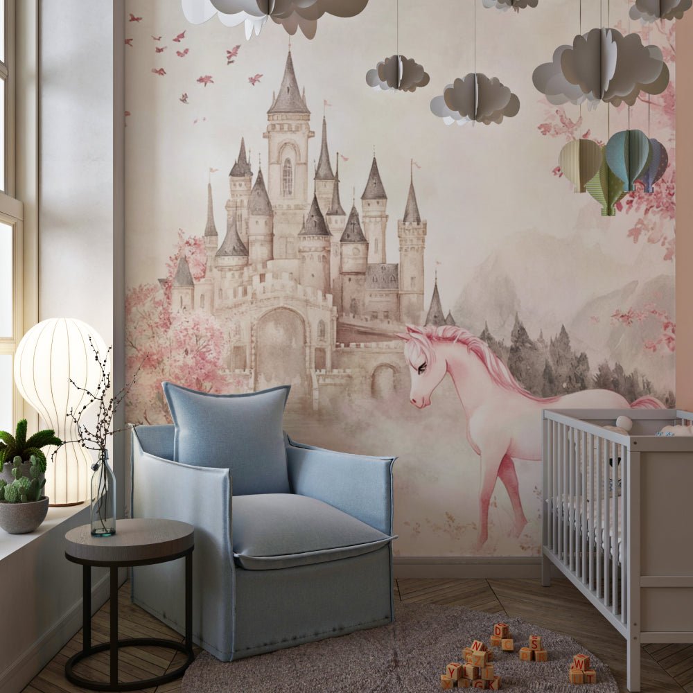 Princess castle mural wallpaper with pink unicorn in nursery setting with blue armchair