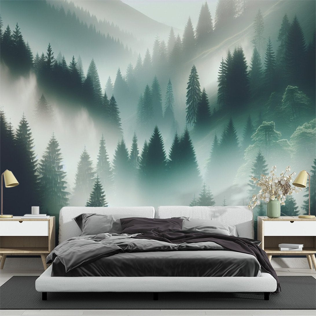 Forest mural wallpaper showing misty pine forest landscape in bedroom setting