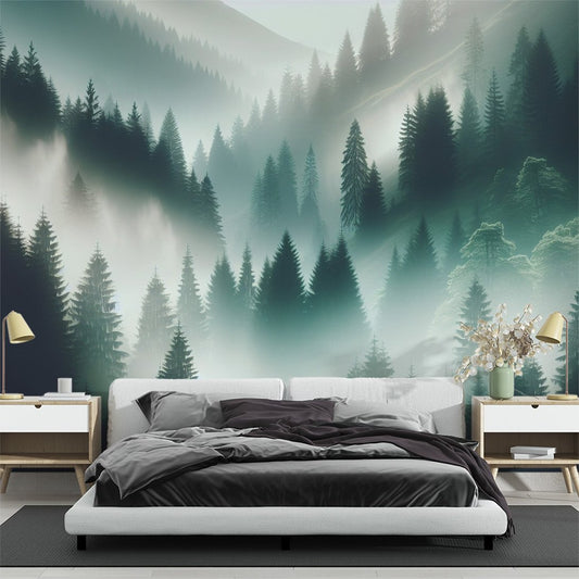 Forest mural wallpaper showing misty pine forest landscape in bedroom setting