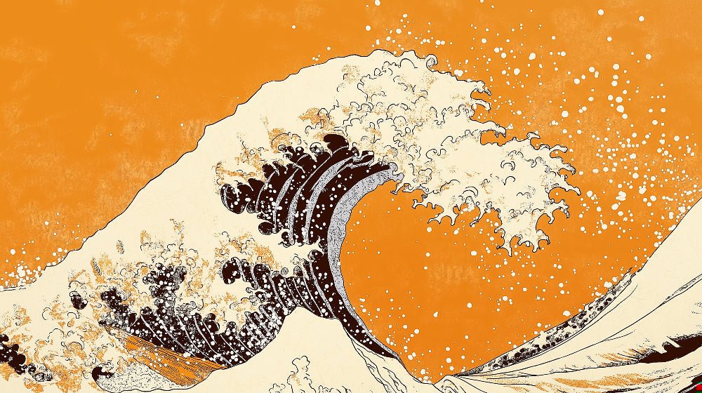 Close-up detail of The Great Wave mural wallpaper showing intricate black and white wave design on orange background