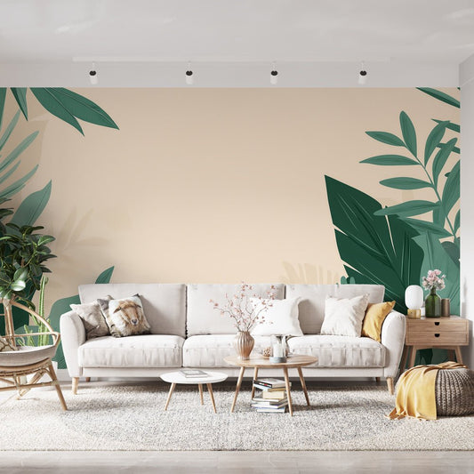 Modern living room featuring tropical foliage mural wallpaper with large green leaves on beige background