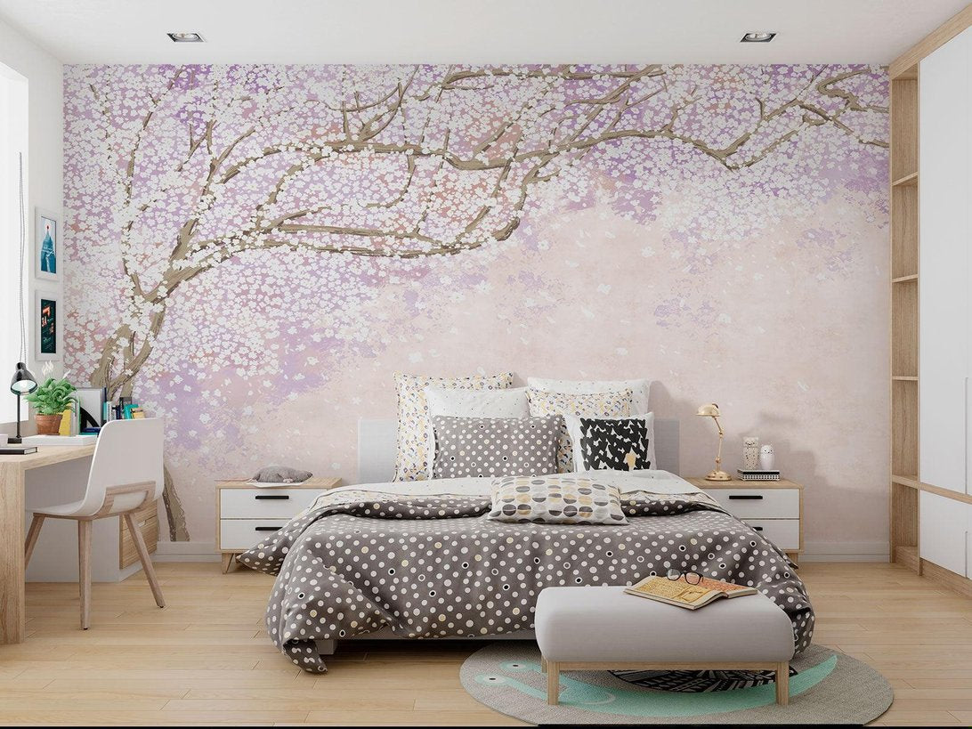 Japanese Cherry Blossom mural wallpaper detail showing delicate pink and lavender petals