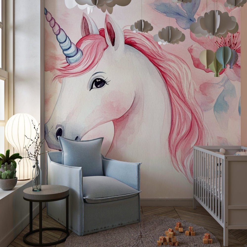 Pink floral unicorn wallpaper mural in modern nursery with decorative elements