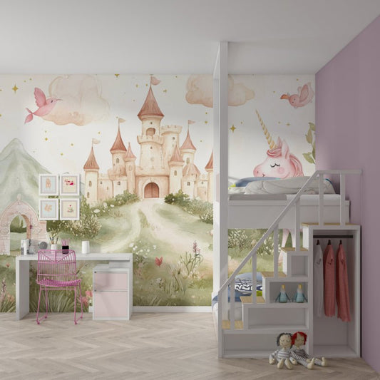 Enchanted princess castle mural wallpaper with watercolor design in child's bedroom featuring pink birds and unicorn