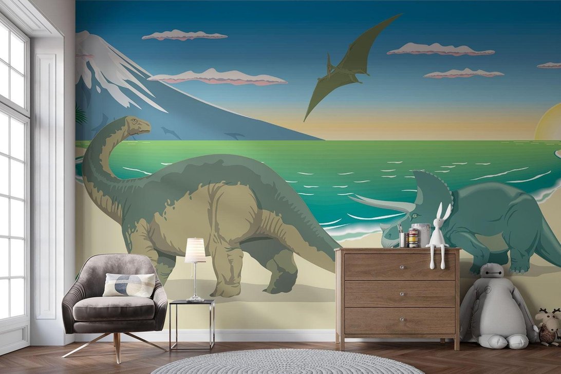 Modern room interior with dinosaur mural wallpaper showing Jurassic scene