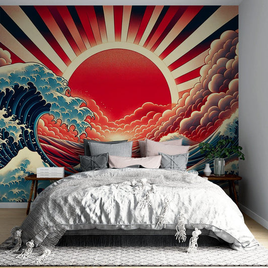 Japanese Great Wave mural wallpaper with rising sun design in bedroom setting