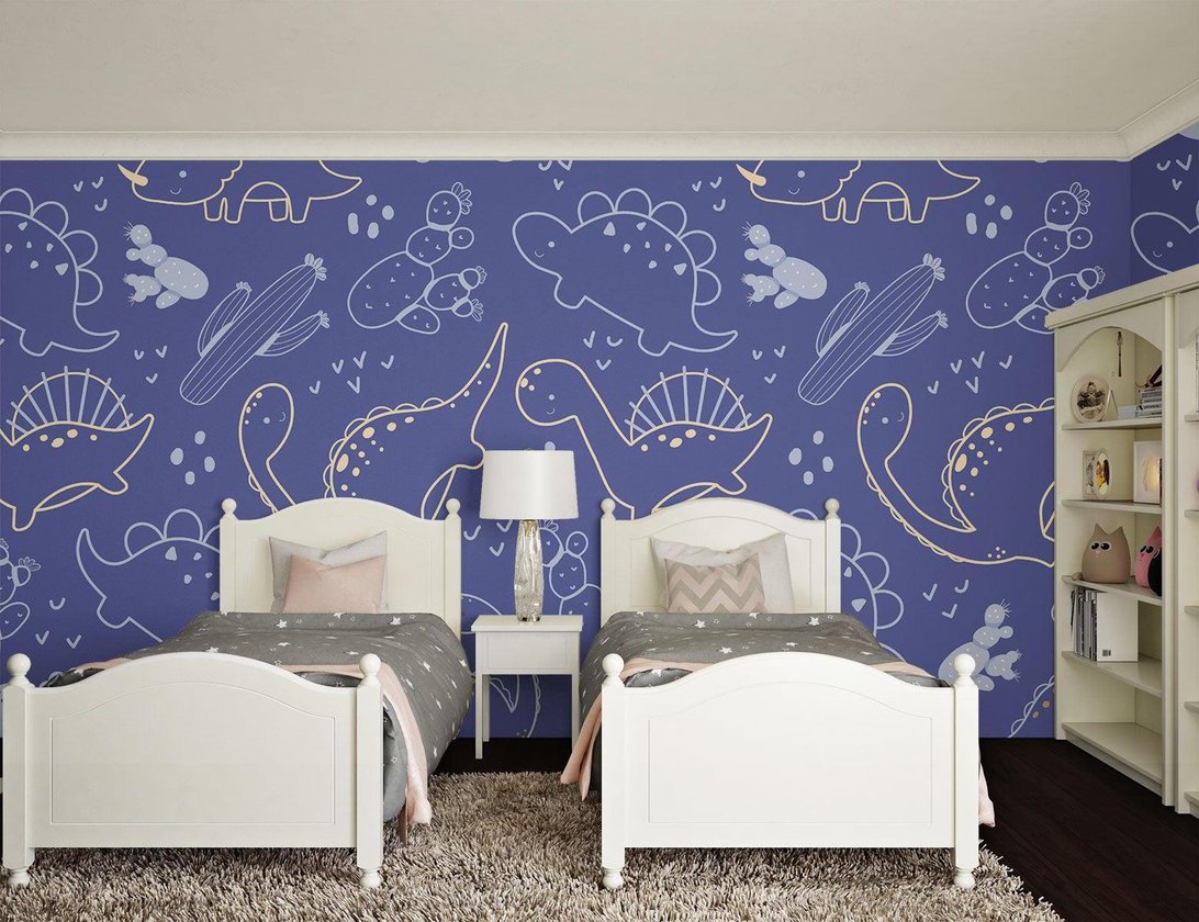 Close-up of dinosaur line art pattern showing detailed golden and blue design