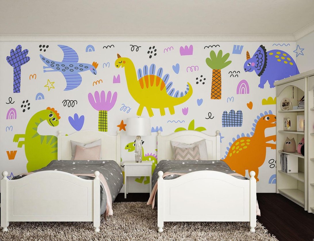 Whimsical dinosaur wall decor with geometric patterns and palm trees