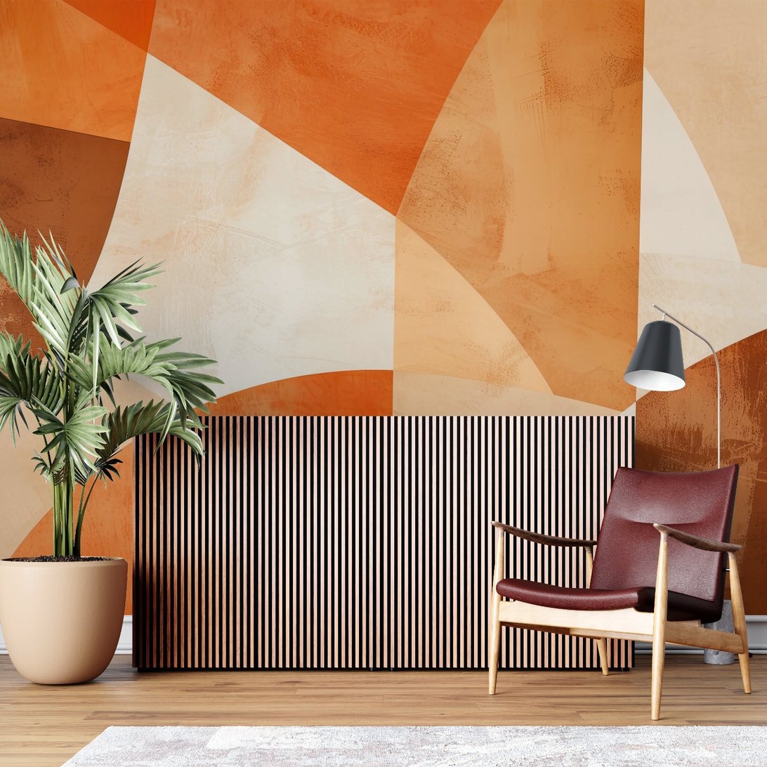 Modern geometric wallpaper with curved design in terracotta and beige displayed in contemporary living space