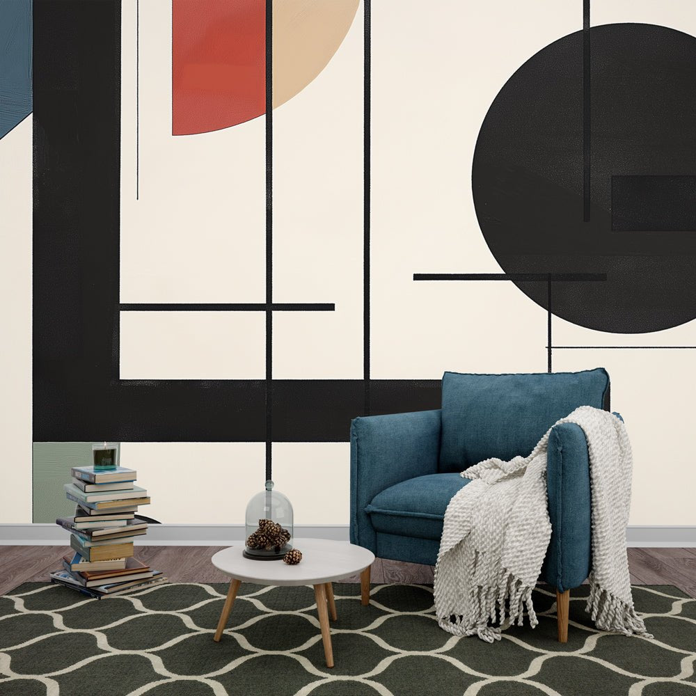 Modern geometric mural wallpaper with black shapes and terracotta accents in contemporary living room setting
