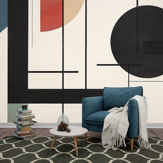 Modern geometric mural wallpaper with black shapes and terracotta accents in contemporary living room setting