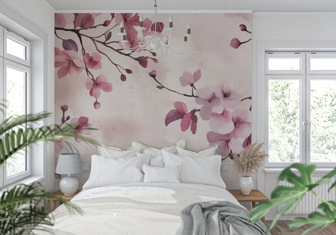 Detailed view of pink cherry blossom watercolor mural wallpaper